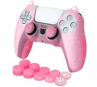 HLRAO Pink Cat Glitter Anti-Slip Protective Silicone Cover Skin Grips Compatible with PS5/Slim/Pro Controller,8 PCS Glitter Thumb Grips Caps and 2 Paw Grips Caps.