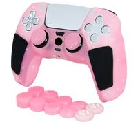 HLRAO Pink Glitter Anti Slip Soft Thicked Studded Silicone Cover Skins Compatible with PS5 Controller,Include 8 PCS Pink Thumb Grips Glow and 2 Cat Paw Grips Accessories.