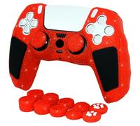 HLRAO Red Glitter Anti Slip Soft Thicked Studded Silicone Cover Skins Compatible with PS5 Controller,Include 8 PCS Red Thumb Grips Glow and 2 Cat Paw Grips Accessories.