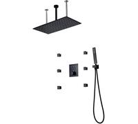 HLRTBCN Classic Thermostatic LED Brass Shower with 6 Body Sprayer, Bathroom Ceiling Mounted 595 * 300 mm 3 Function Rainfall Shower Faucet Set, Black Aqiong