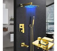 HLRTBCN Gold LED Concealed Shower Faucets Set Rainfall LED Shower Head 3-Way Brass Mixer Tap Tub Spout Bathroom Shower Faucet-12 Inch Full Set,16 Inch Full Set Aqiong