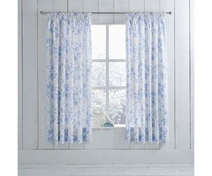HLS Bedding Modern Floral Stripe Print Design Tape Top Pencil Pleat Lined Curtains, White/Blue - 66" x 72"