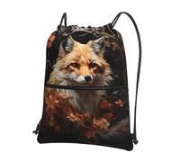HLSBSSL Fox and Flowers Printed drawstring backpack, portable storage bag for sports, travel, yoga, camping