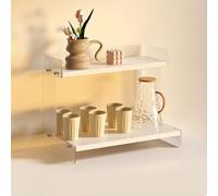 Hltdzer 2-Tier Wooden Coffee Mug Display Rack Fence-Designed Countertop Display Shelf with Arc Edges Retro Trapezoid Storage for Tea Room, Kitchen(White Wavy,30 * 20 * 28cm/11.8 * 7.9 * 11in)