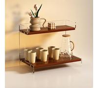 Hltdzer 2-Tier Wooden Coffee Mug Display Rack Fence-Designed Countertop Display Shelf with Arc Edges Retro Trapezoid Storage for Tea Room, Kitchen(Walnut Color,40 * 20 * 28cm/15.7 * 7.9 * 11in)