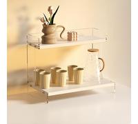 Hltdzer 2-Tier Wooden Coffee Mug Display Rack Fence-Designed Countertop Display Shelf with Arc Edges Retro Trapezoid Storage for Tea Room, Kitchen(White,35 * 20 * 28cm/13.8 * 7.9 * 11in)