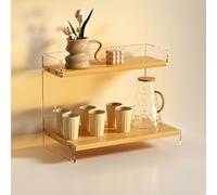 Hltdzer 2-Tier Wooden Coffee Mug Display Rack Fence-Designed Countertop Display Shelf with Arc Edges Retro Trapezoid Storage for Tea Room, Kitchen(Natural Wood Color,30 * 20 * 28cm/11.8 * 7.9 * 11in)