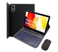 HLTOOP Keyboard Case for Redmi Pad 2 2025/Redmi Pad SE 11 Inch 2023, 7 Colors Backlit Wireless Detachable Folio Keyboard Cover with Pencil Holder, Bluetooth Mouse for Tablet,Black