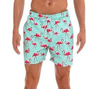 HLVEXH Mens Hawaiian Beach Shorts Swim Trunks Quick Dry Bathing Suits with Mesh Lining Green Pink Flamingo 3XL