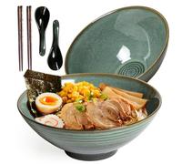 HLWDXno1 2 Pcs Ramen Bowl Set, Ceramic Noodle Bowl with Chopsticks & Spoons Japanese Style Retro Porcelain Tableware Ramen Gift Set, 1200ml Large Soup Bowls for Microwave & Dishwasher Safe, Green