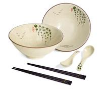 HLWDXno1 Ramen Bowl Set of 2 Ceramic Noodle Bowl with Chopsticks & Spoons 1200ml Large Soup Bowls Japanese Style Retro Porcelain Microwave Tableware Ramen Gift Set for Salad,Pho,Pasta,Udon, Twig