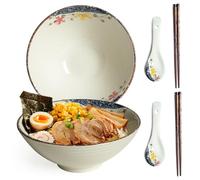 HLWDXno1 Ramen Bowl Set of 2 Ceramic Noodle Bowl with Chopsticks & Spoons 1200ml Large Soup Bowls Japanese Style Retro Porcelain Microwave Tableware Ramen Gift Set for Salad,Pho,Pasta,Udon, Flower