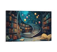 HLXZMCVBT Bookshelf Colourful Wall Art, Books Under The Starry Sky Pictures Paintings on Canvas Wall Art Giclee Canvas Prints Artwork Bedroom Home Decorations 16x24inch(40x60cm)