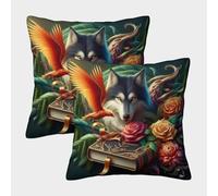 HLXZMCVBT Wolf Boho Floral Velvet Interesting Pillow Cover Square Decorative Set of 2 for 45x45cm