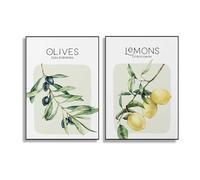 HLYEHDIAD 2Pcs Watercolor Lemon, Olives Leaf Poster Canvas Painting Mediterranean Food Prints Wall Art, Kitchen Home Decor/Unframed (40 x 60 cm)