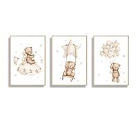 HLYEHDIAD 3Pcs Bear Poster Beige Wall Art Canvas Print Nursery Baby Bedroom Decor Moon Star Balloon Clouds Cartoon Animal Painting Gift/Unframed (40 x 50 cm)