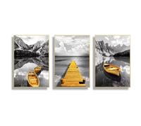 HLYEHDIAD 3pcs Canvas Yellow Boat On The Lake Landscape Canvas Prints Gold Wooden Bridge Mountain Abstract Wall Art Paintings For Home Decor (40 x 50 cm)