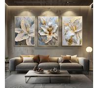 HLYEHDIAD 3Pcs Fashion Gold and White Flower Canvas Posters Painting Abstract 3D Lily Flowers Wall Art Print for Bedroom Living Rome Home Decor/Unframed (40 x 60 cm)