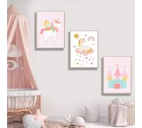 HLYEHDIAD 3Pcs Little girl's room wall painting, pink bohemian art, pink princess castle wall painting, unicorn rainbow castle cloud love canvas painting, baby room decoration/unframed (50 x 70 cm)