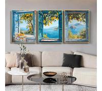 HLYEHDIAD 3Pcs Mediterranean Window View Wall Art Coastal Lemon Tree Canvas Prints Blue Seascape Posters Modern Nature Landscape Pictures for Bedroom Living Room Office Decor/Unframed (40 x 60 cm)