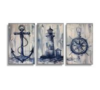 HLYEHDIAD 3Pcs Vintage nautical themed canvas painting set with lighthouse, anchor and compass, wall painting, poster and print, home decor/unframed (50 x 70 cm)