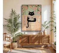 HLYEHDIAD Black cat on toilet, funny bathroom wall art Canvas bathroom poster mural, typographic poster, unique choice for cat lovers Home Decor/Unframed (70 * 120 cm)