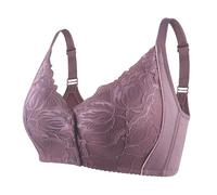 HLYLDL Women's Front Opening Plus Size Lace Bra, Gathering Bra, Thin Cup Wireless Bra Everyday Sleep Bras Purple-Gray