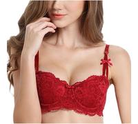 HLYLDL Women's Mesh Balconette Bra Sexy Lace Plus Size Push Up Underwire Bras Lace Half Cup Bra Red