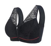 HLYLDL Women's Zip Front Bra Plus Size Lace Bra Full Coverage Wireless Push Up Everyday Bra Black