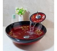 HM HomeMieco 16"Tempered Glass Vessel Sink Bathroom Round Basin Sink Bowl Waterfall Faucet Combo Above Counter Red&Black
