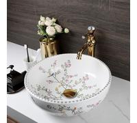 HM HomeMieco Flower and Bird Pattern 16"Bathroom White Ceramic Vessel Sink with Faucet and Drain Combo White Round Vessel Sink Bowl Hand Painted Porcelain Bathroom Sink Above Counter
