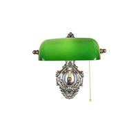 HMAKGG Green Glass Bankers Wall Lamp with Pull Cord,Green Bronze Finish Wall Lights Indoor Vintage for Living Room,Bedroom and Hallway