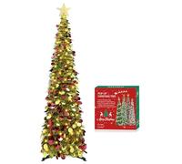 HMASYO 5 FT Pop Up Christmas Tree with Timer Lights, Gold Tinsel Christmas Tree, Collapsible Artificial Pencil Tree Xmas Decoration for Indoor Home Apartment Porch Party, Easy Assembly