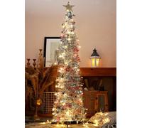 HMASYO 5 FT Pop Up Christmas Tree with Timer Lights, Silver Tinsel Christmas Tree, Collapsible Artificial Pencil Tree Xmas Decoration for Indoor Home Apartment Porch Party, Easy Assembly