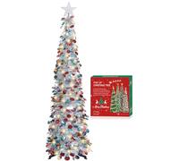 HMASYO 5 FT Pop Up Christmas Tree with Timer Lights, Silver Tinsel Christmas Tree, Collapsible Artificial Pencil Tree Xmas Decoration for Indoor Home Apartment Porch Party, Easy Assembly