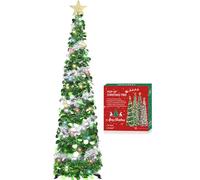 HMASYO 5 FT Pop Up Christmas Tree with Timer Lights, Tinsel Christmas Tree, Collapsible Artificial Pencil Tree Xmas Decoration for Indoor Home Apartment Porch Party, Easy Assembly
