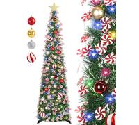 HMASYO 5FT/1.5M Pop Up Christmas Tree with Timer Lights and Decorations, Green Tinsel Christmas Tree with Candy and 24 Balls Ornament, Collapsible Pencil Tree Xmas Decoration for Home, Office, Party