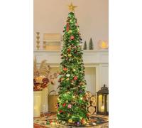 HMASYO 5FT/1.5M Pop Up Christmas Tree with Timer Lights, Green Tinsel Christmas Tree, Collapsible Artificial Pencil Tree Xmas Decoration for Indoor Home Apartment Porch Party, Easy Assembly