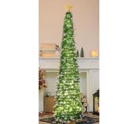 HMASYO 5FT/1.5M Pop Up Christmas Tree with Timer Lights, Green Tinsel Christmas Tree, Collapsible Artificial Pencil Tree Xmas Decoration for Indoor Home Apartment Porch Party, Easy Assembly