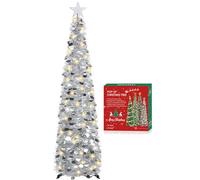 HMASYO 5FT/1.5M Pop Up Christmas Tree with Timer Lights, Silver Tinsel Christmas Tree, Collapsible Artificial Pencil Tree Xmas Decoration for Indoor Home Apartment Porch Party, Easy Assembly