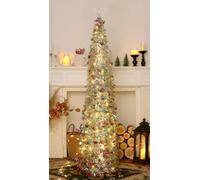 HMASYO 5FT/1.5M Pop Up Christmas Tree with Timer Lights, Silver Tinsel Christmas Tree, Collapsible Artificial Pencil Tree Xmas Decoration for Indoor Home Apartment Porch Party, Easy Assembly