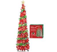 HMASYO 5FT/1.5M Pop Up Christmas Tree with Timer Lights, Tinsel Christmas Tree, Collapsible Artificial Pencil Tree Xmas Decoration for Indoor Home Apartment Porch Party, Easy Assembly