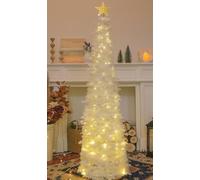 HMASYO 5FT/1.5M Pop Up Christmas Tree with Timer Lights, White Tinsel Christmas Tree, Collapsible Artificial Pencil Tree Xmas Decoration for Indoor Home Apartment Porch Party, Easy Assembly