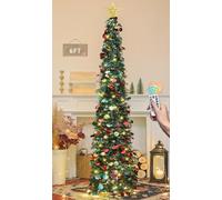 HMASYO 6FT/1.8M Pop Up Tinsel Christmas Tree with 100 Timer Lights & Remote, Collapsible Artificial Pencil Tree Xmas Decoration for Home, Office, Party, USB Powered, Easy Assembly