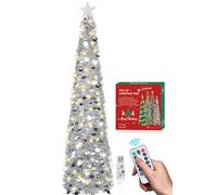 HMASYO 6FT/1.8M Pop Up Tinsel Christmas Tree with 100 Timer Lights & Remote, Collapsible Artificial Pencil Tree Xmas Decoration for Home, Office, Party, USB Powered, Easy Assembly