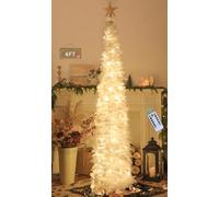 HMASYO 6FT/1.8M Pop Up Tinsel Christmas Tree with 100 Timer Lights & Remote, Collapsible Artificial Pencil Tree Xmas Decoration for Home, Office, Party, USB Powered, Easy Assembly