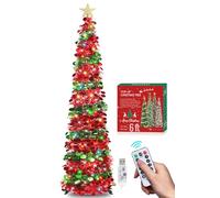 HMASYO 6FT/1.8M Pop Up Tinsel Christmas Tree with 100 Timer Lights & Remote, Collapsible Artificial Pencil Tree Xmas Decoration for Home, Office, Party, USB Powered, Easy Assembly