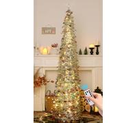 HMASYO 6FT/1.8M Pop Up Tinsel Christmas Tree with 100 Timer Lights & Remote, Collapsible Artificial Pencil Tree Xmas Decoration for Home, Office, Party, USB Powered, Easy Assembly