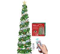 HMASYO 6FT/1.8M Pop Up Tinsel Christmas Tree with 100 Timer Lights & Remote, Collapsible Artificial Pencil Tree Xmas Decoration for Home, Office, Party, USB Powered, Easy Assembly