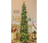 HMASYO 6FT/1.8M Pop Up Tinsel Christmas Tree with 100 Timer Lights & Remote, Collapsible Artificial Pencil Tree Xmas Decoration for Home, Office, Party, USB Powered, Easy Assembly